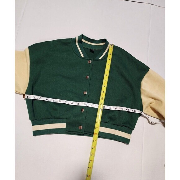 Shein Colorblock Drop Shoulder Crop Varsity Jacket Dark Green - Picture 3 of 9